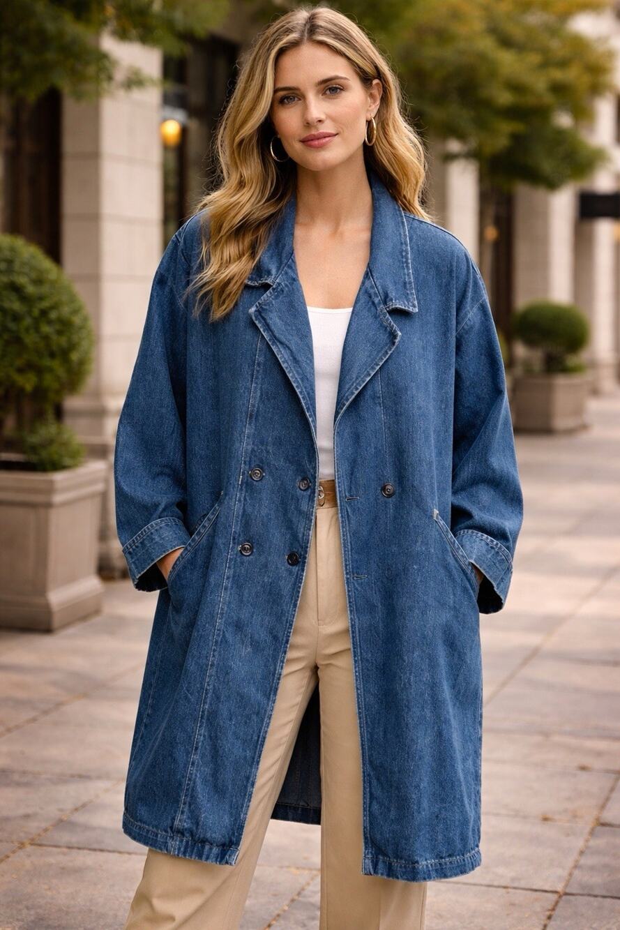 VTG 90's Avon Fashions Large Denim Trench Coat Button Down Jean Jacket